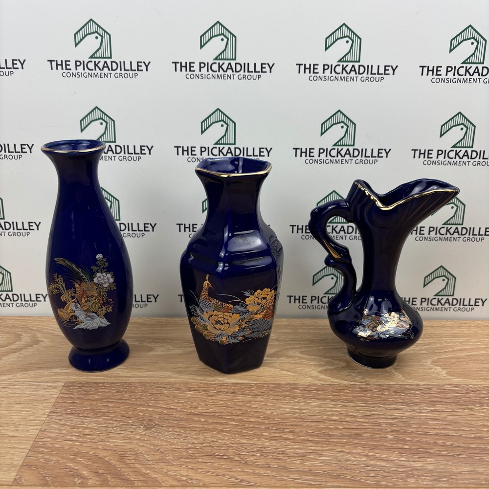 Vintage Cobalt Blue Gold Peacock Porcelain Bud Vase Set 3 Chinoiserie Floral